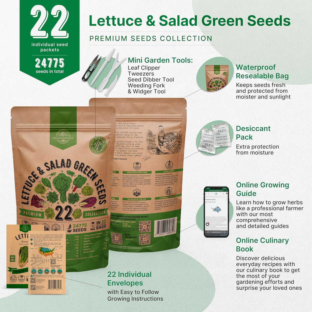 Organo Republic 22 Lettuce & Salad Greens Seeds Variety Pack 24,700+ Non-GMO Heirloom Lettuce Seeds for Indoor & Outdoor Garden, Hydroponics, Aerogarden - Arugula, Kale, Spinach, Swiss Chard, Lettuce