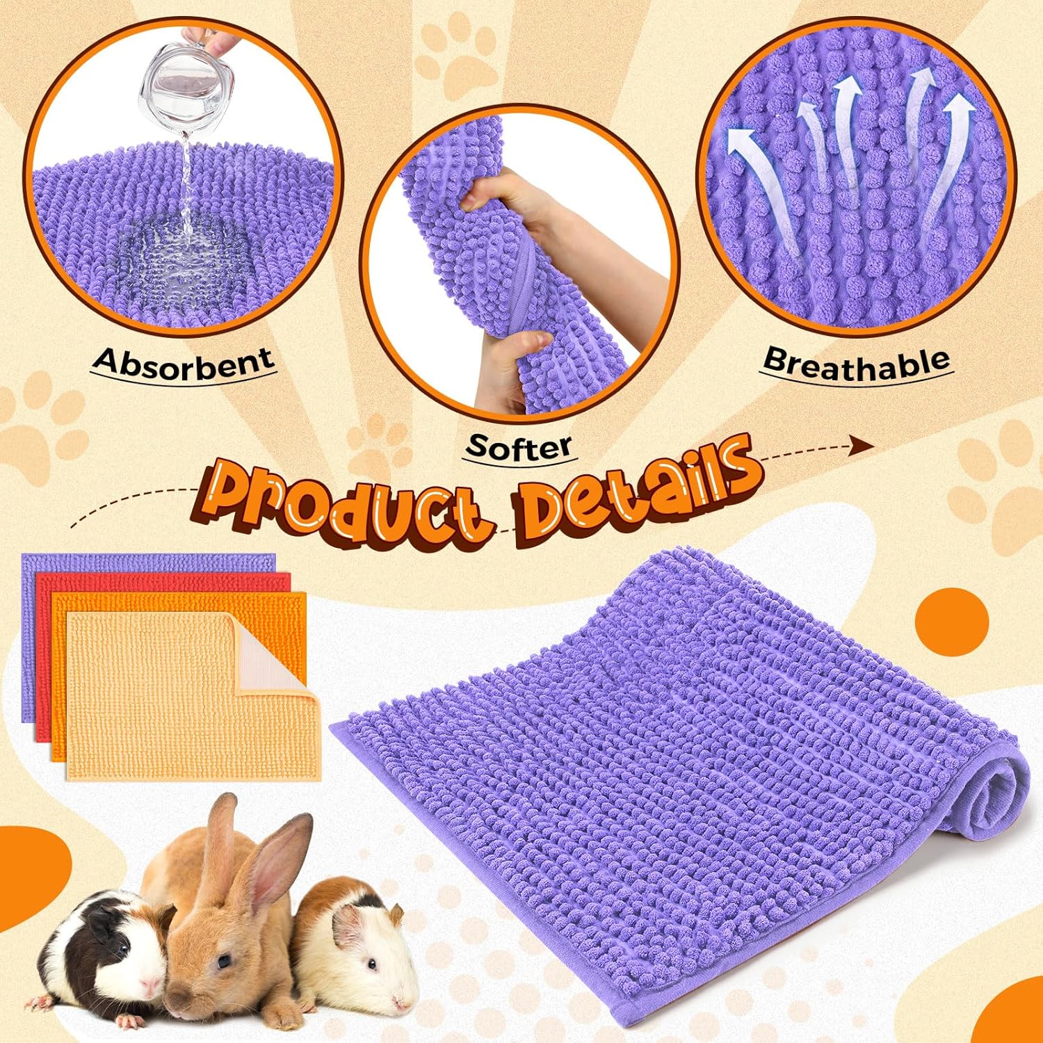 Barydat 8 Pcs Guinea Pig Cage Liner for Guinea Pig Cage Bedding Reusable Rabbit Mat Pad Washable Training Pad Animal Sleeping Bedding Mat(24x16'',Beige, Brown, Red, Orange)