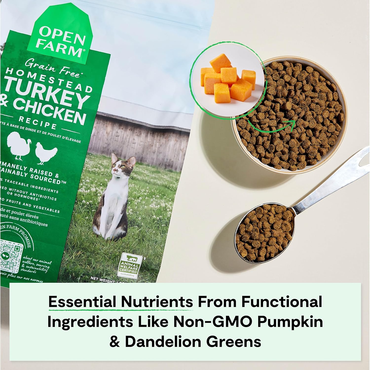 Open Farm, Grain Free Dry Cat Food, High-Protein Kibble for a Complete & Balanced Diet, Non-GMO Fruits & Vegetables, Prebiotic Fibers to Support Digestion, Homestead Turkey & Chicken Recipe, 8lb Bag