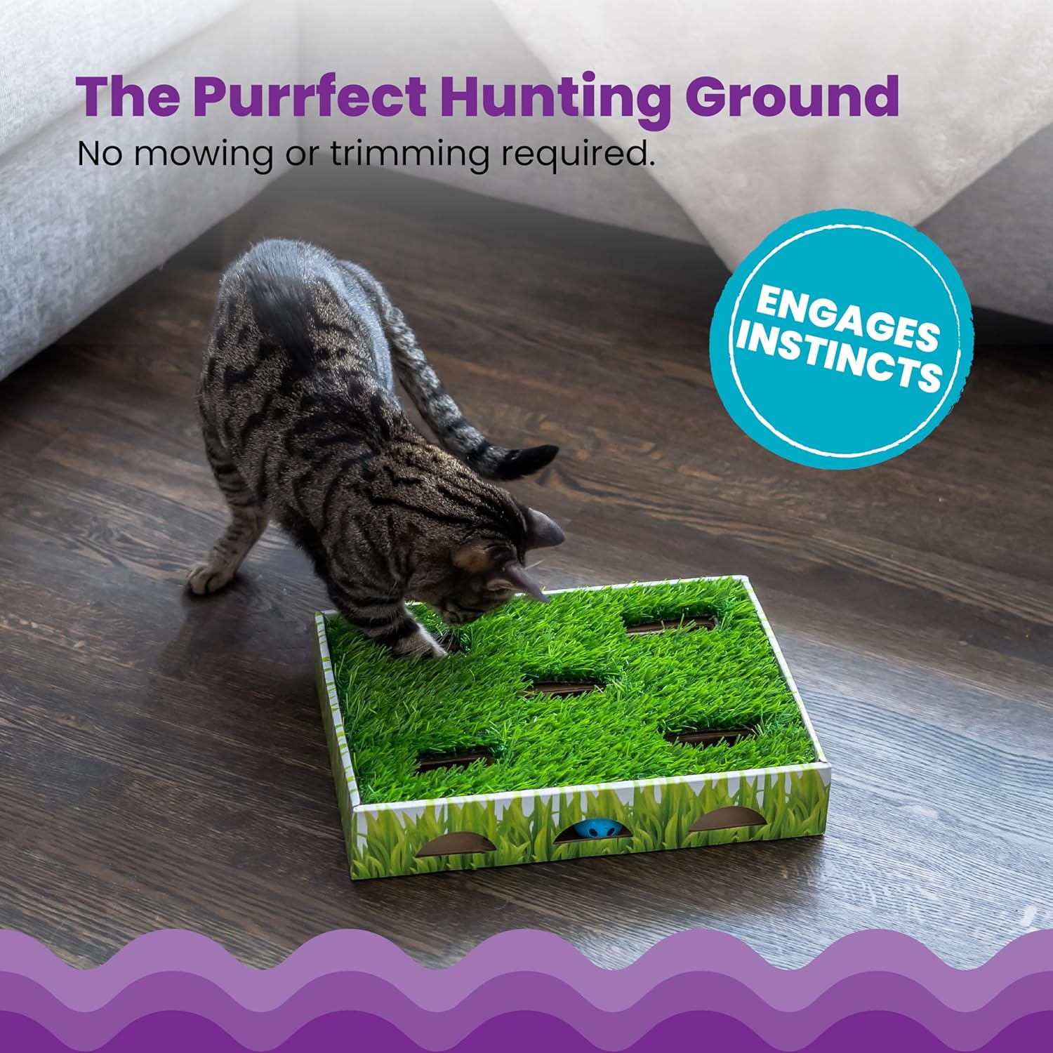 Catstages Grass Patch Hunting Box Interactive Bat & Swat Game for Indoor Cats, 3 Jingle Balls Included, Green
