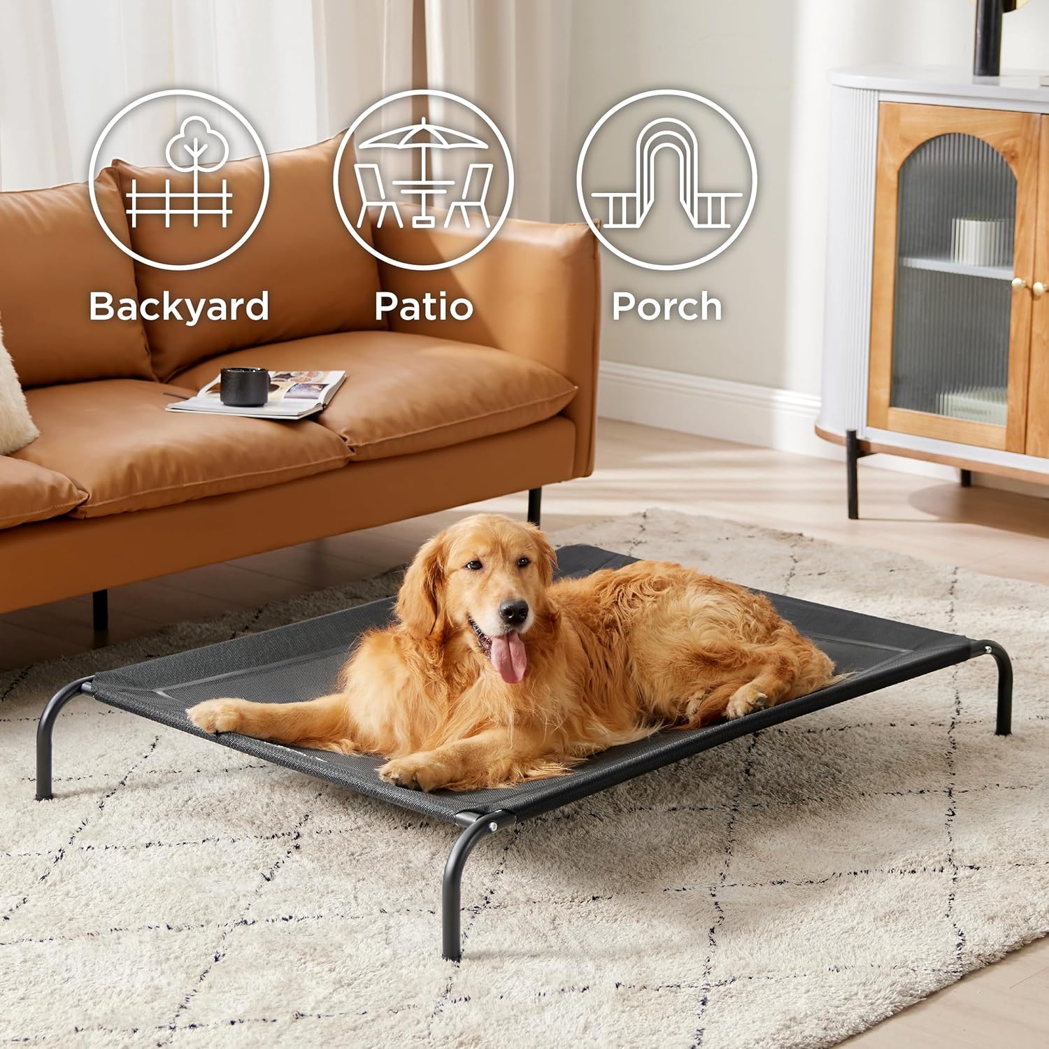 Bedsure Outdoor Elevated XL Dog Bed, Portable Indoor & Outdoor Cooling Raised Cot Pet Hammock Bed with Skid-Resistant Feet, Frame with Breathable Mesh, Black, 54 inches