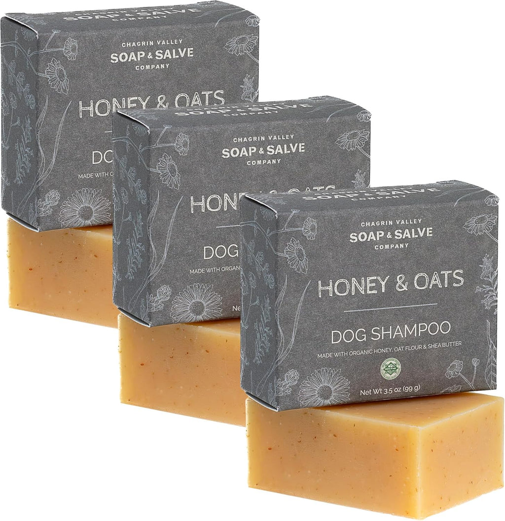 Chagrin Valley Soap & Salve Certified Organic Dog Shampoo and Conditioner – Puppy Shampoo Itchy Skin Relief and Puppy Essentials - Natural Handmade Honey & Oats, 3.8 oz Bar Soap