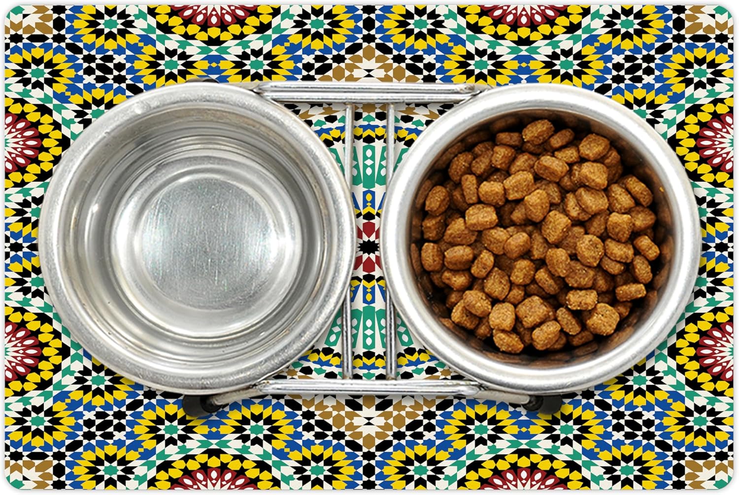 Lunarable Moroccan Pet Mat for Food and Water, Architectural Glaze Wall Tile Ceramic Historical Traveling Destinations, Non-Slip Rubber Mat for Dogs and Cats, 18" X 12", Khaki Blue