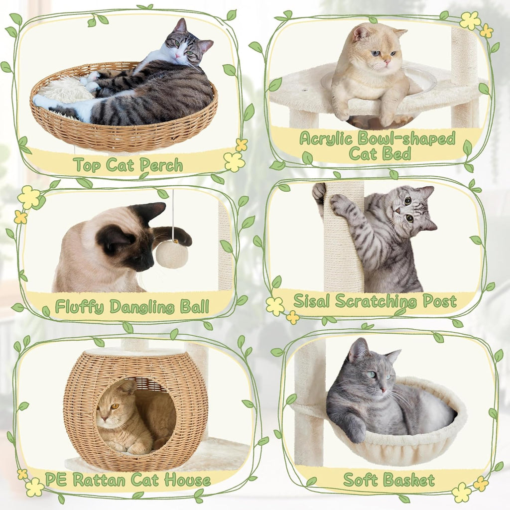 Yaheetech 54in Rattan Cat Tree, Modern Tower with Breathable Woven Condo, Scratching Posts & Washable Cushions, Naturally Cool in Summer, Cute Furniture for Indoor Cats