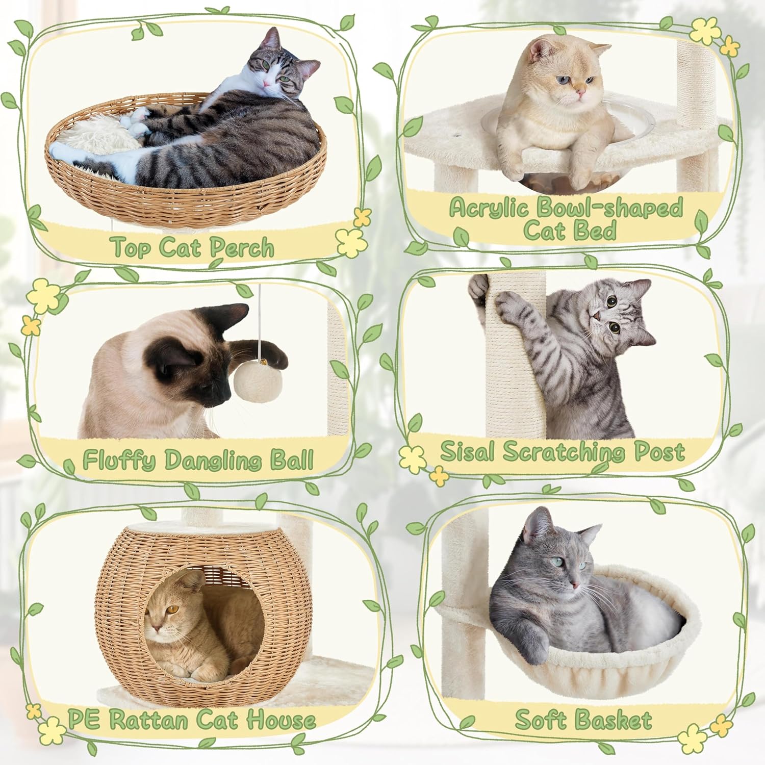 Yaheetech 54in Rattan Cat Tree, Modern Tower with Breathable Woven Condo, Scratching Posts & Washable Cushions, Naturally Cool in Summer, Cute Furniture for Indoor Cats