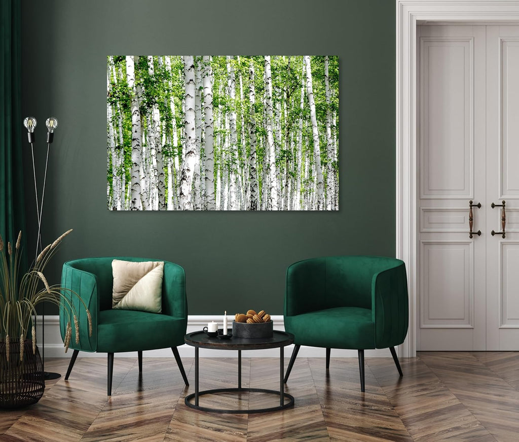 Nature Wall Art Prints - Ocean Forest Mountain Lake Canvas Landscapes - Small to Extra Large Living Room Bedroom Kitchen Bathroom Décor (Green Brich Trees, 28L" x 41W")
