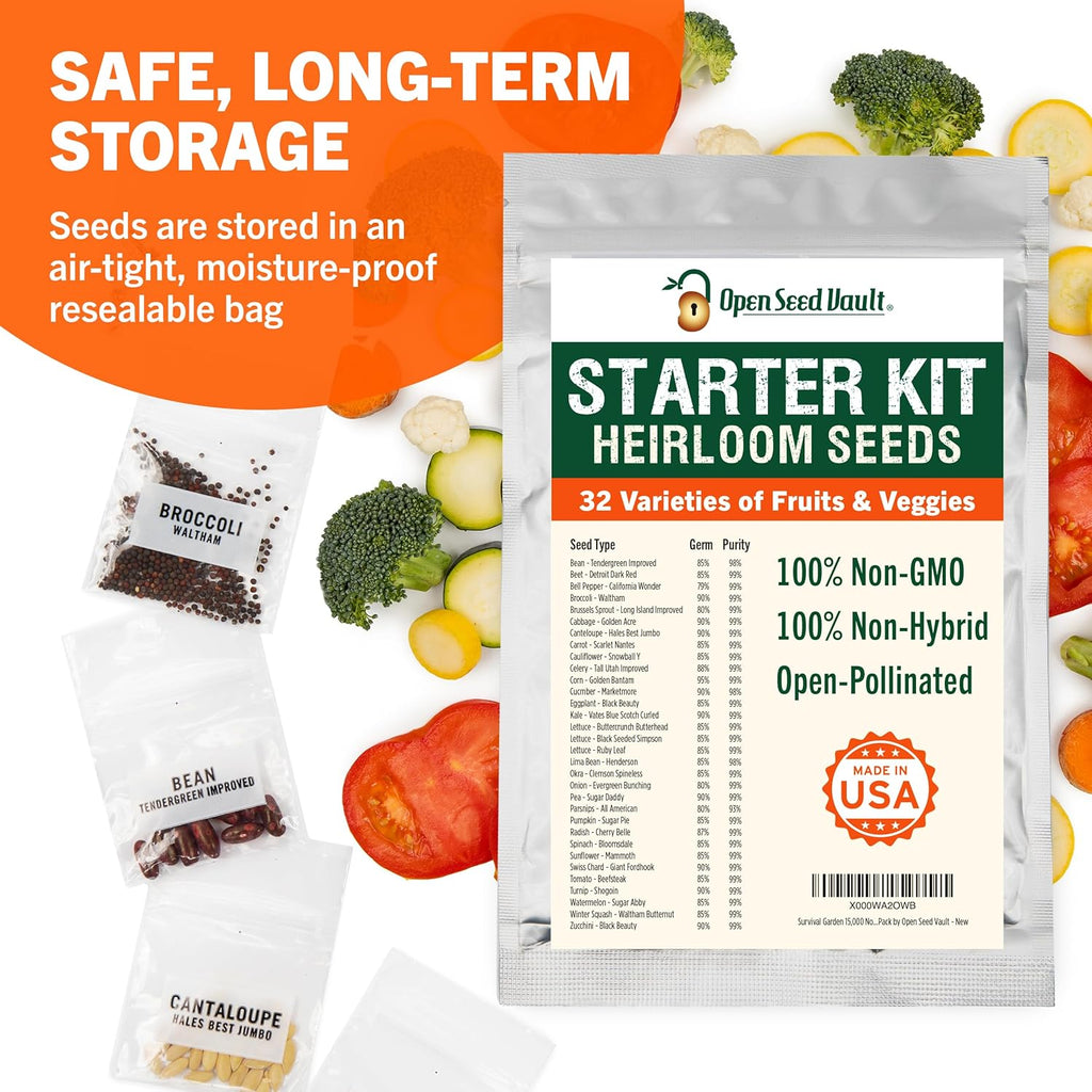 Open Seed Vault 15,000 Non GMO Heirloom Vegetable Seeds for Planting Vegetables and Fruits - 32 Variety Pack of Vegetable Seeds for Gardening, Survival Gear, Seed Vault Emergency Supplies Kit