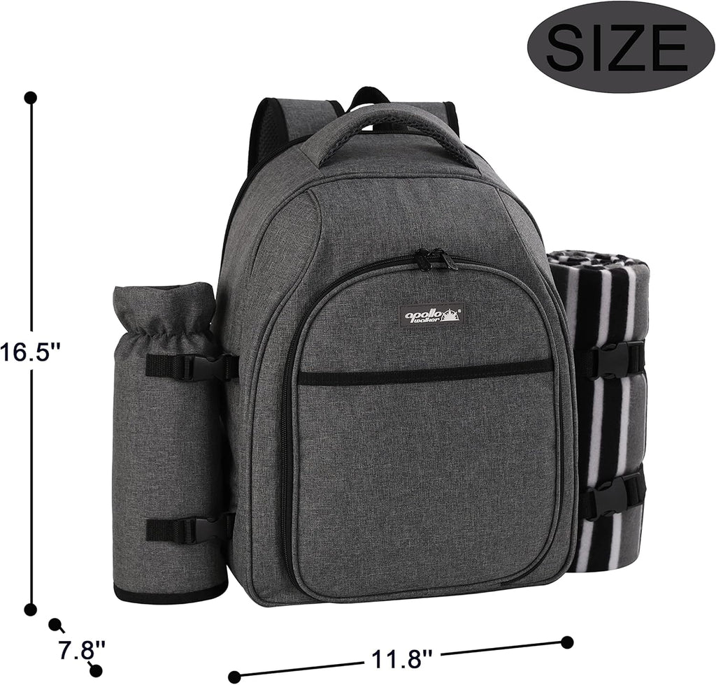 apollo walker Picnic Backpack Bag for 2 Person with Cooler Compartment, Detachable Bottle/Wine Holder, Fleece Blanket, Plates and Cutlery Set (2Person,Grey)