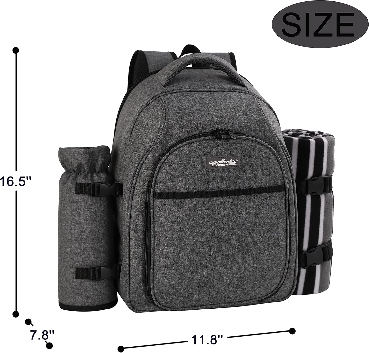 apollo walker Picnic Backpack Bag for 2 Person with Cooler Compartment, Detachable Bottle/Wine Holder, Fleece Blanket, Plates and Cutlery Set (2Person,Grey)
