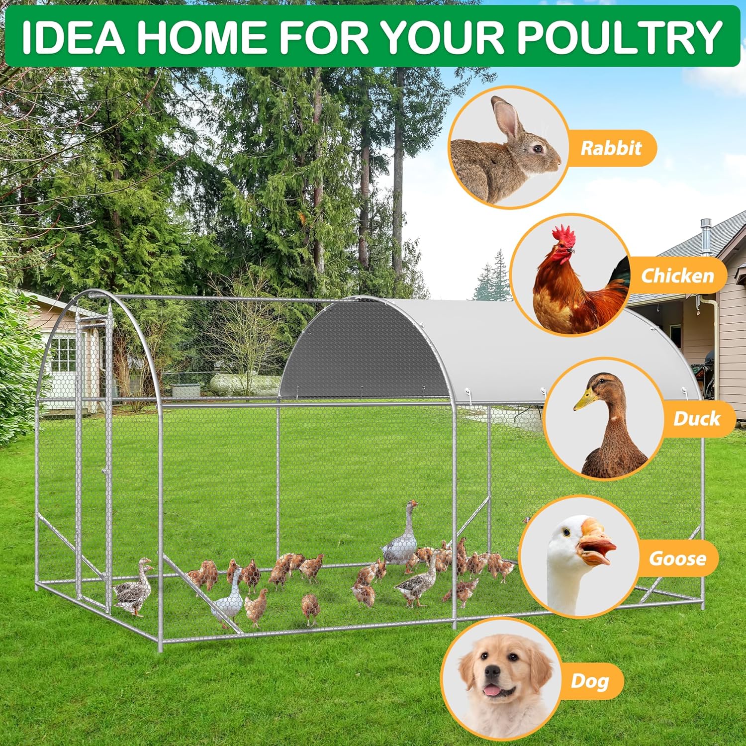 Large Metal Chicken Coop, Walk-in Chicken Run Pen with Waterproof Cover, Dome Roof Poultry Cage for Outdoor, Backyard, Farm (8.96'Wx12.99'Lx6.4'H)