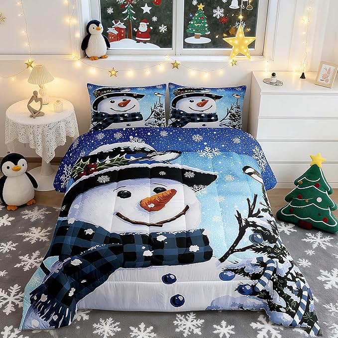 Feelyou Kids Christmas Theme Decorations Bedding Set Xmas Snowman Comforter Set for Boys Girls Snowflake Kawaii Cute Gradient Blue Bedroom Collection King Size