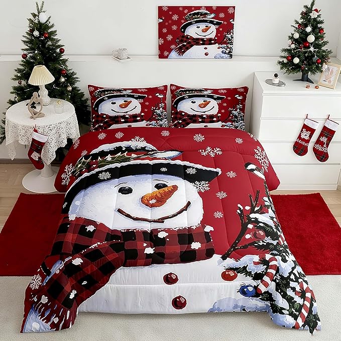 Feelyou Kids Christmas Theme Decorations Bedding Set Xmas Snowman Comforter Set for Boys Girls Red Bedroom Collection King Size