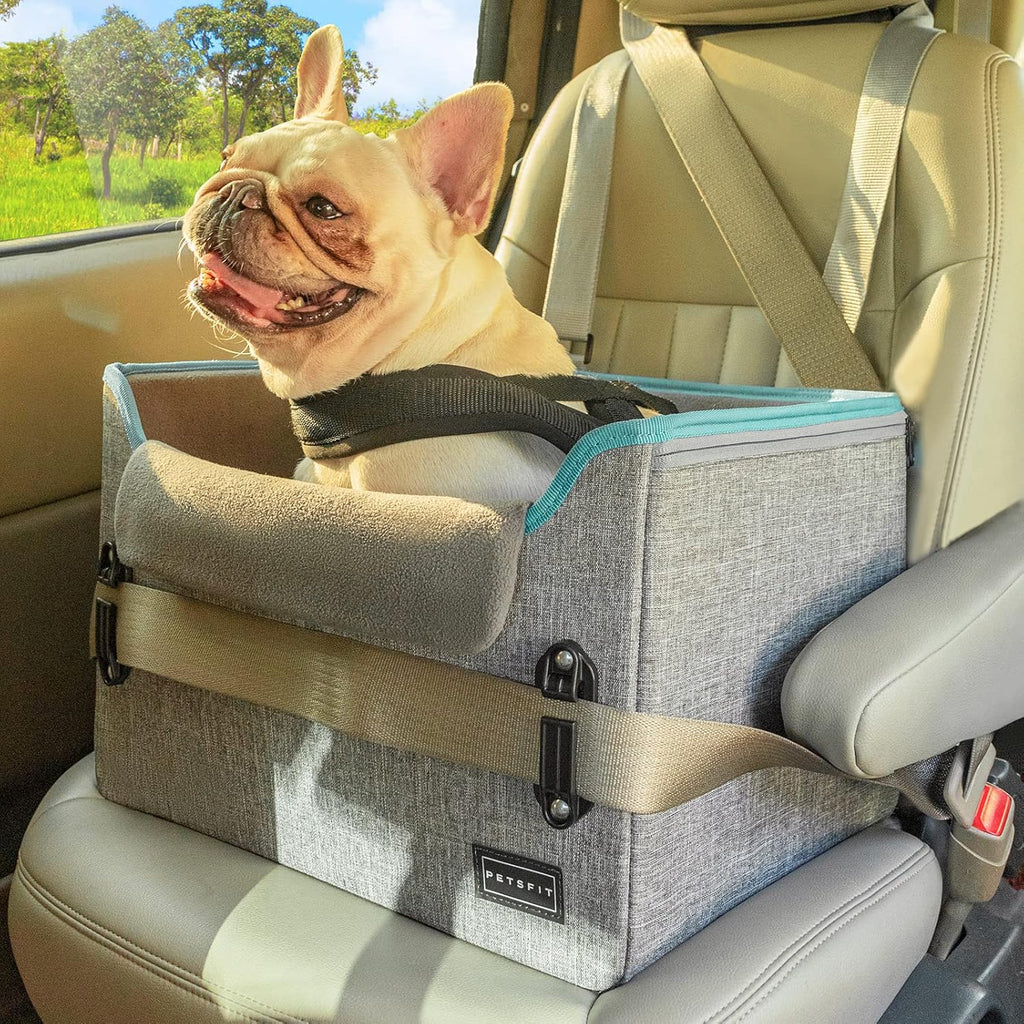 PETSFIT Dog Car Seats for Small Dogs, Patent Safety Buckles Dog Booster Car Seat, Dog Carseat with Safety Belt, Suitable for Small Pets Up to 25lbs (Grey)
