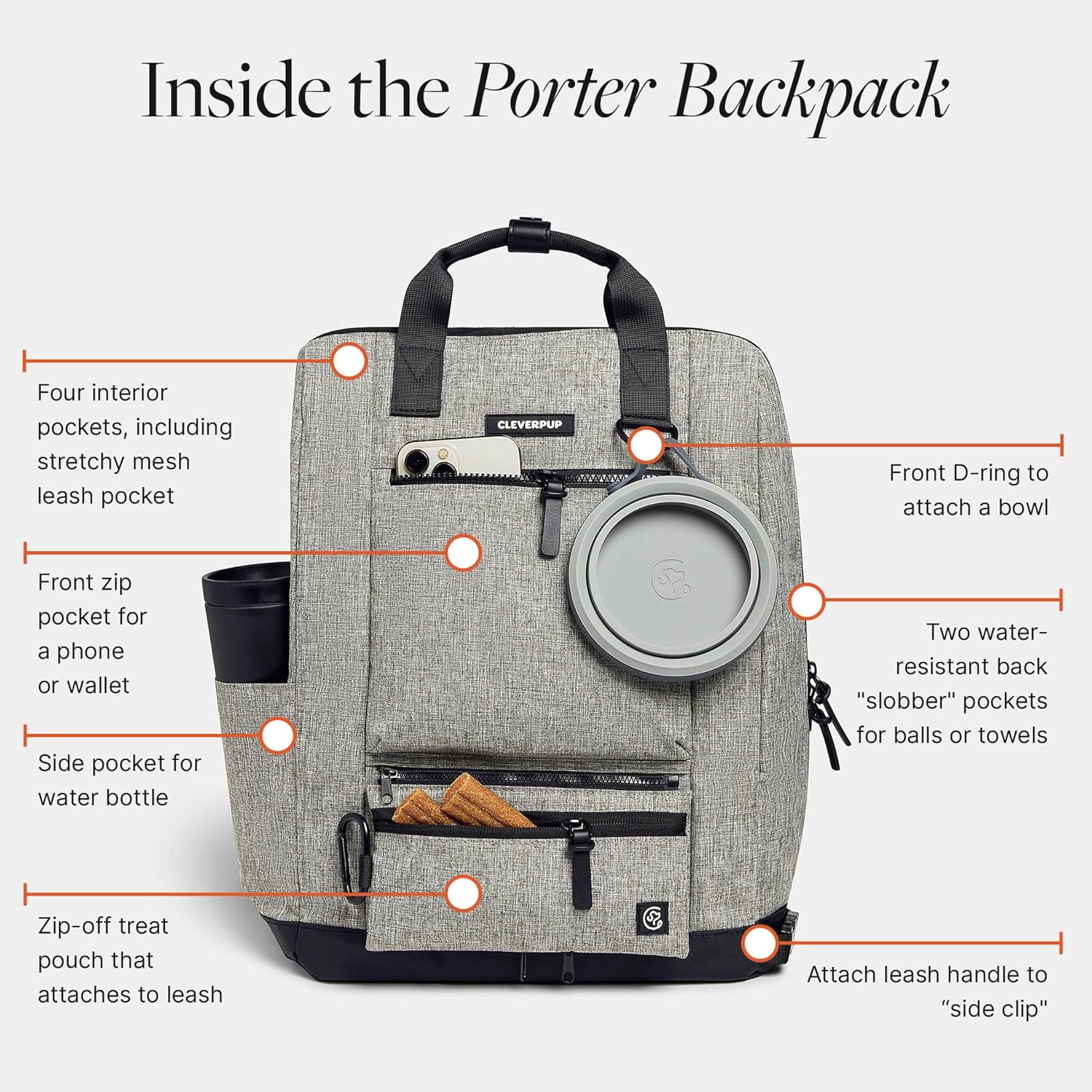 Porter 2-in-1 Dog Gear Backpack – Premium Dog Travel Bag with 10 Pockets, Zip-Off Treat Pouch, Leash Clip, Waterproof Pockets & Water Bottle Holder – Weekend, Hiking, Camping, Heather Grey