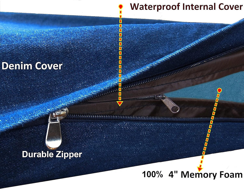Dogbed4less Extra Large Orthopedic Memory Foam Dog Bed for Large Dogs with Durable Waterproof Internal Case, Removable Washable Denim Cover and Bonus Pet Bed Cover, 47X29X4 Fits 48X30 Dog Crate, Blue