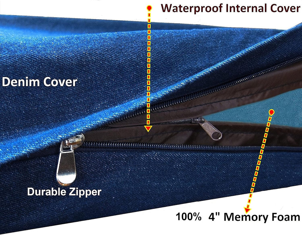 Dogbed4less Luxury XXL Orthopedic Memory Foam Dog Bed for Extra Large Dogs with Durable Waterproof Internal Case, Removable Washable Denim Cover and Bonus Pet Bed Spare Cover, 55X37X4 Inches, Blue