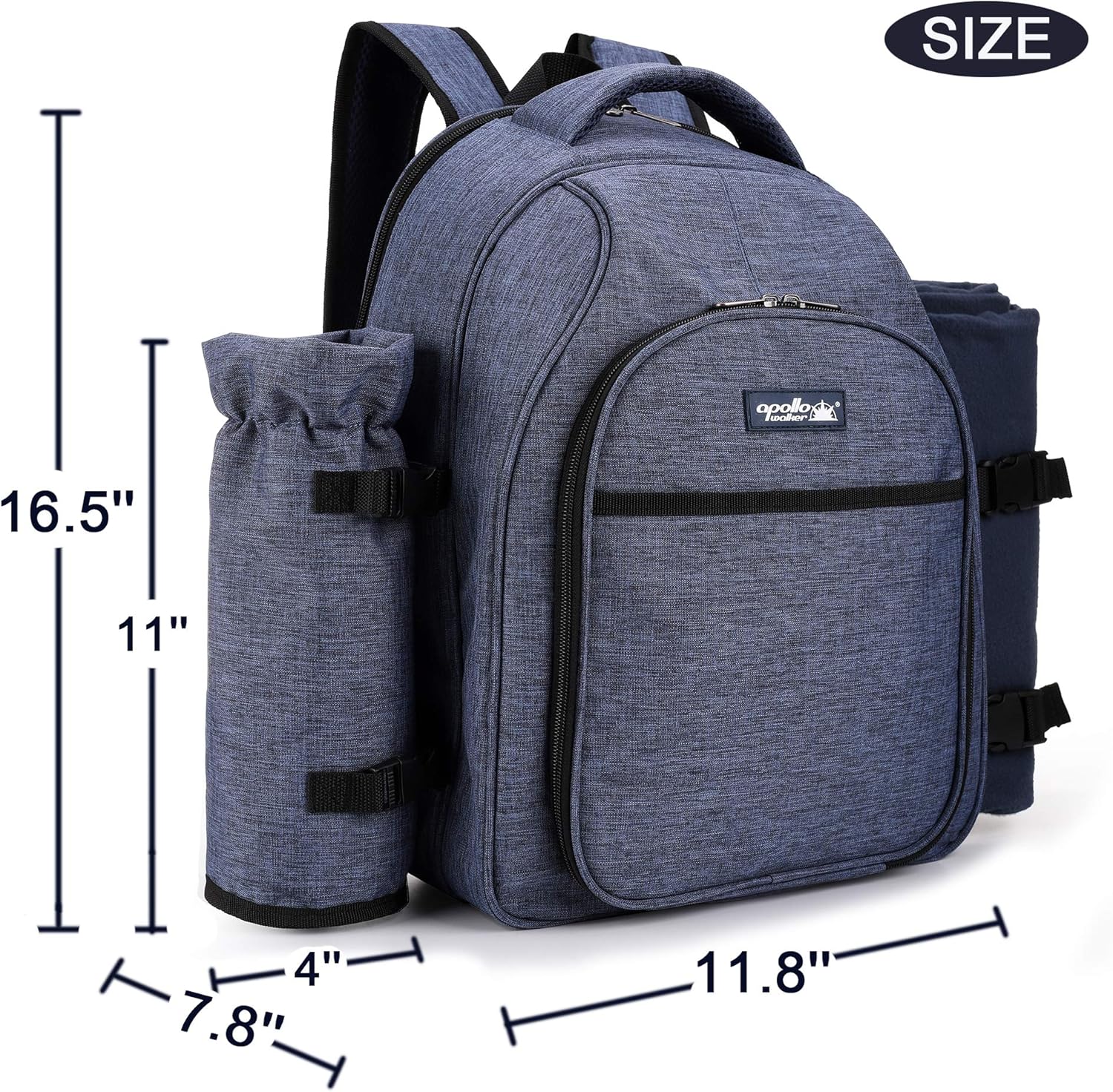 Apollo Walker Picnic Backpack Bag for 2 Person with Cooler Compartment, Detachable Bottle/Wine Holder, Fleece Blanket, Plates and Cutlery Set (2 Person, Navy)