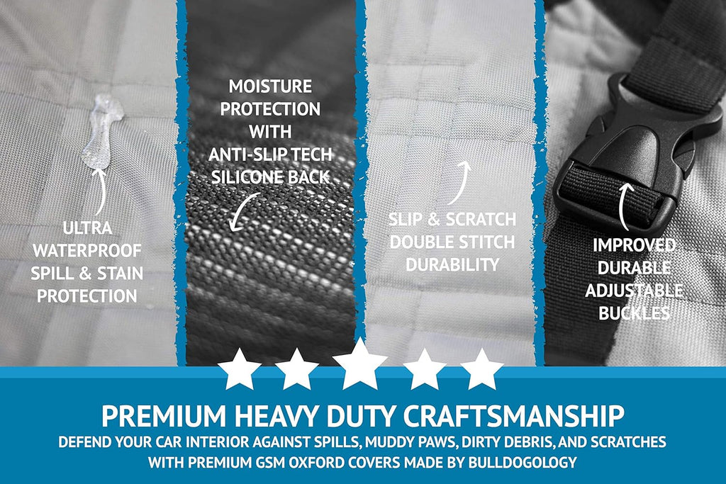 Bulldogology Dog Car Seat Cover Waterproof Heavy Duty Bench Dog Hammock Backseat Protector from Hair, Muddy Paws, Scratches - Pet Car Seat Cover for Cars Trucks SUVs (Large, Grey)