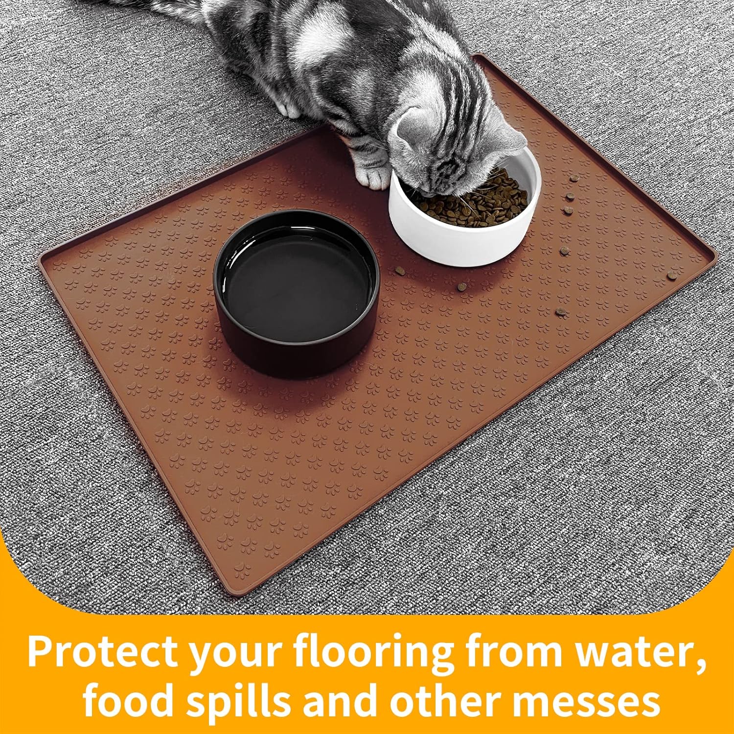 Ptlom Pet Placemat for Dog and Cat, Waterproof Silicone Pet Feeding Bowl Mats for Food and Water, Small Medium Large Dogs Mat Prevent Residues from Spilling to Floor, Brown, 31.5" 23.6"