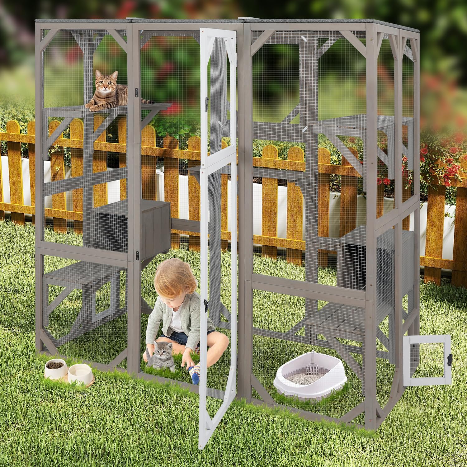 Catio Outdoor Cat Enclosure Cat House, Large Wooden Walk-in Cat Cage Condo Indoor Playpen with Multi Platforms, Flat Roof, and 2 Resting Box (Grey, 70.9" L x 36.5" W x 70.9" H)