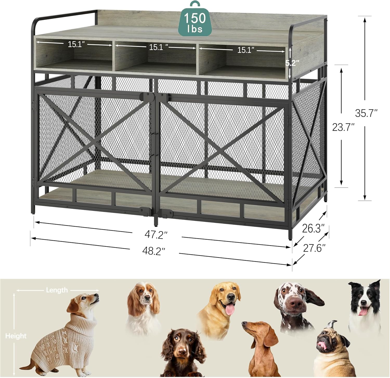 Dog Crate Furniture, 48" Heavy Duty Wooden Dog Crate End Table, XL Dog Kennel Furniture Large Breed, Decorative Dog Kennel Indoor with 3 Drawers & Steel Tubes 48" L x28 W x36 H (Grey)