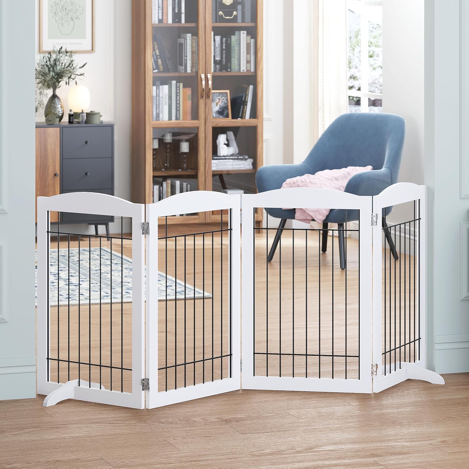 Spirich Free Standing Foldable Wire Pet Gate for Dogs, 80 inches Extra Wide, 30 inches Tall 4 Panels Dog Gate for the House, Doorway, Stairs, Pet Puppy Safety Fence,Set of Support Feet Included, White