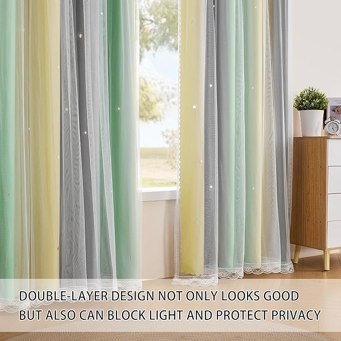 XiDi Girls Curtains for Bedroom 63 Inches Long 2 Panels Grey Green Yellow Rainbow Blackout Curtains for Little Girl Kids Room Decor Living Room, Princess Unicorn Wall Decals Drapes 52x63