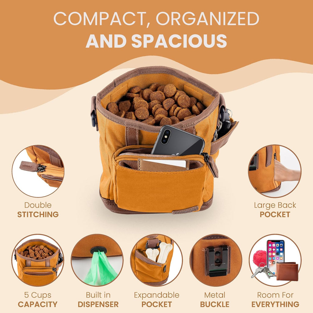 BEAU&FUR Dog Treat Pouch with Clicker for Training - Hands-Free Dog Treat Bag with Magnetic Closure, Built-in Poop Bag Holder Pocket
