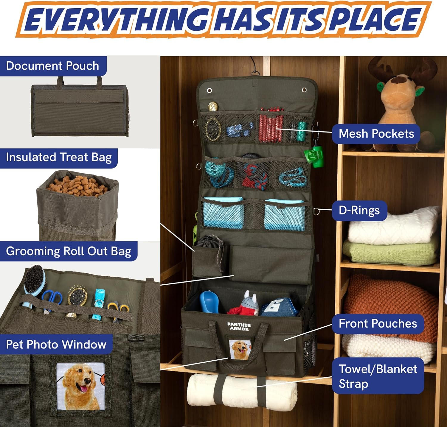 Panther Armor Dog Travel Bag Hanging Dog Organizer & Pet Storage Tote Bag for Supplies | Waterproof Door Storage & Closet Organizer | Food & Treat Container for Travel Accessories