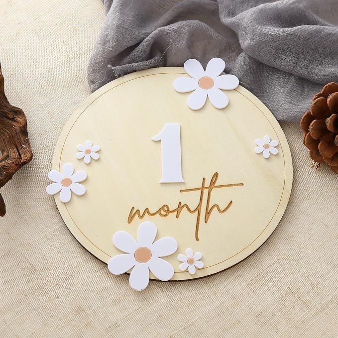 Wooden Baby Monthly Milestone Cards - Daisy Wooden Marker Discs Baby Announcement, Full Moon Party Photo Decoration Props