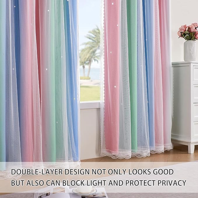 XiDi Pink Green Blue 90 Inches Curtains for Girls Bedroom 2 Panels Set, Blackout Rainbow Curtains for Kids Room Decor, Unicorn Wall Decals Drapes for Little Girl Nursery Room 52 Inches Wide
