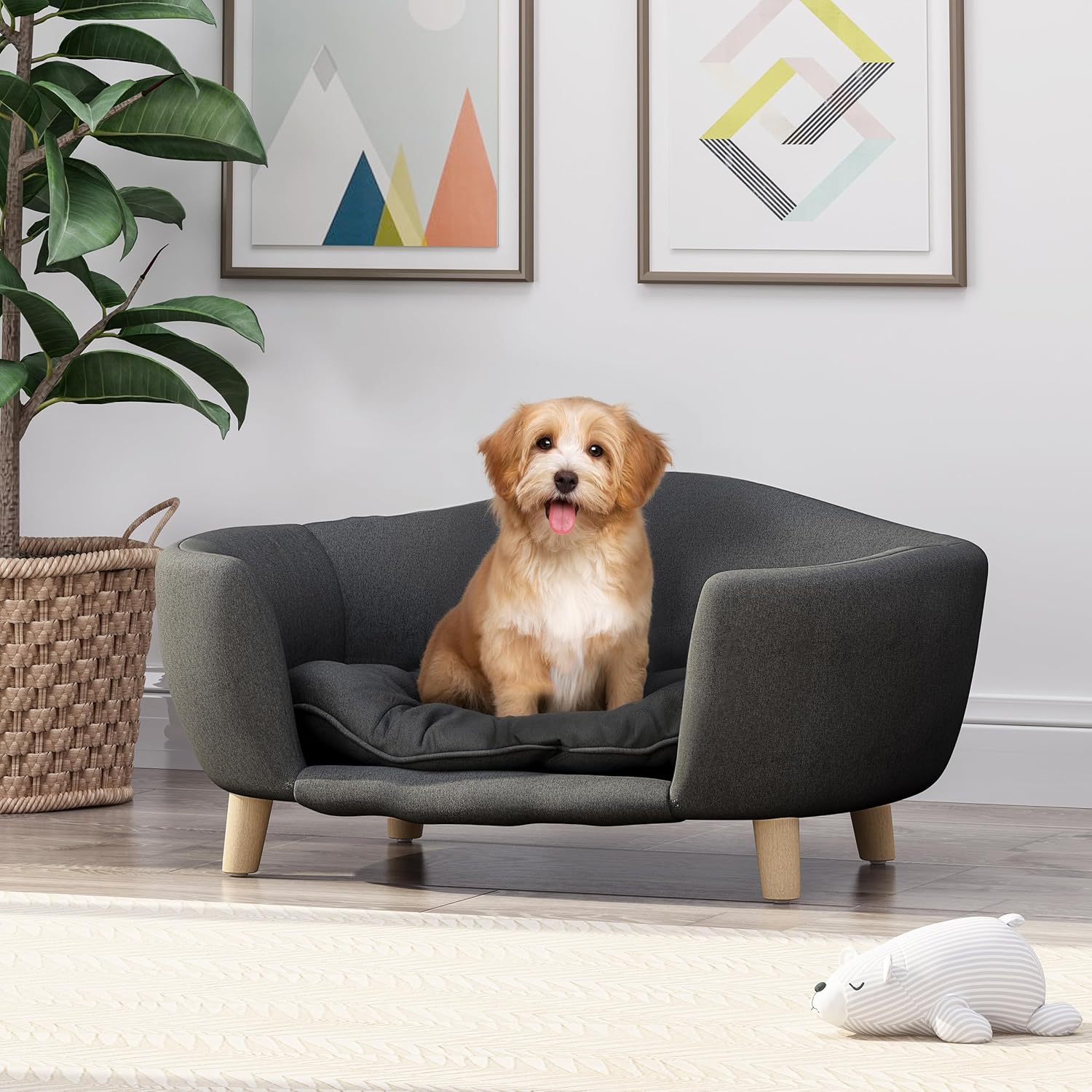 Christopher Knight Home Elroy Orthopedic Dog Bed, Elevated Dog Sofa Bed for Small Dog, Supportive Foam Pet Couch Bed with Wooden Legs, Modern Pet Sofa Bed, Dark Gray