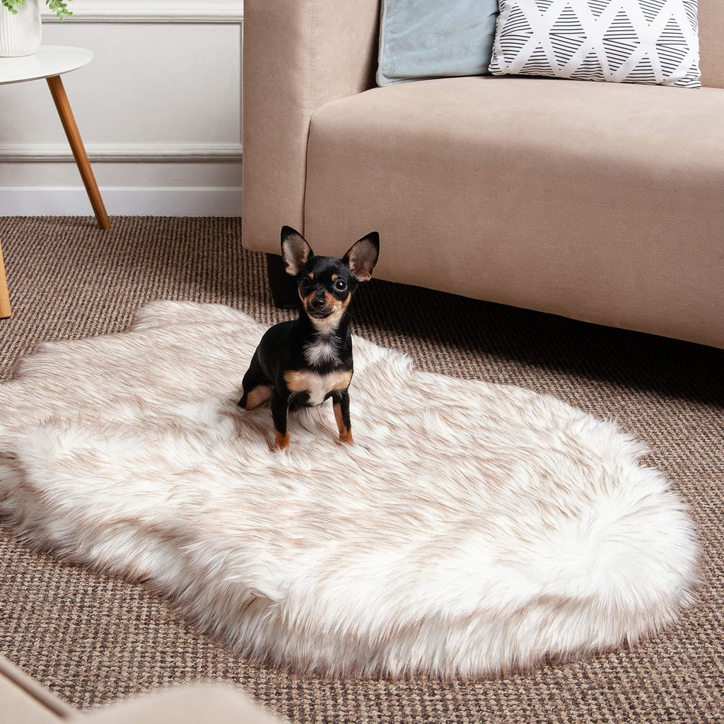 IHAPPYDOG Luxury Faux Fur Orthopedic Dog Bed, Memory Foam Dog Bed for Small, Medium, Large and XL Pets, Fluffy Pet Rug with Waterproof and Washable Cover (White w/Brown Tips, 40"x25")