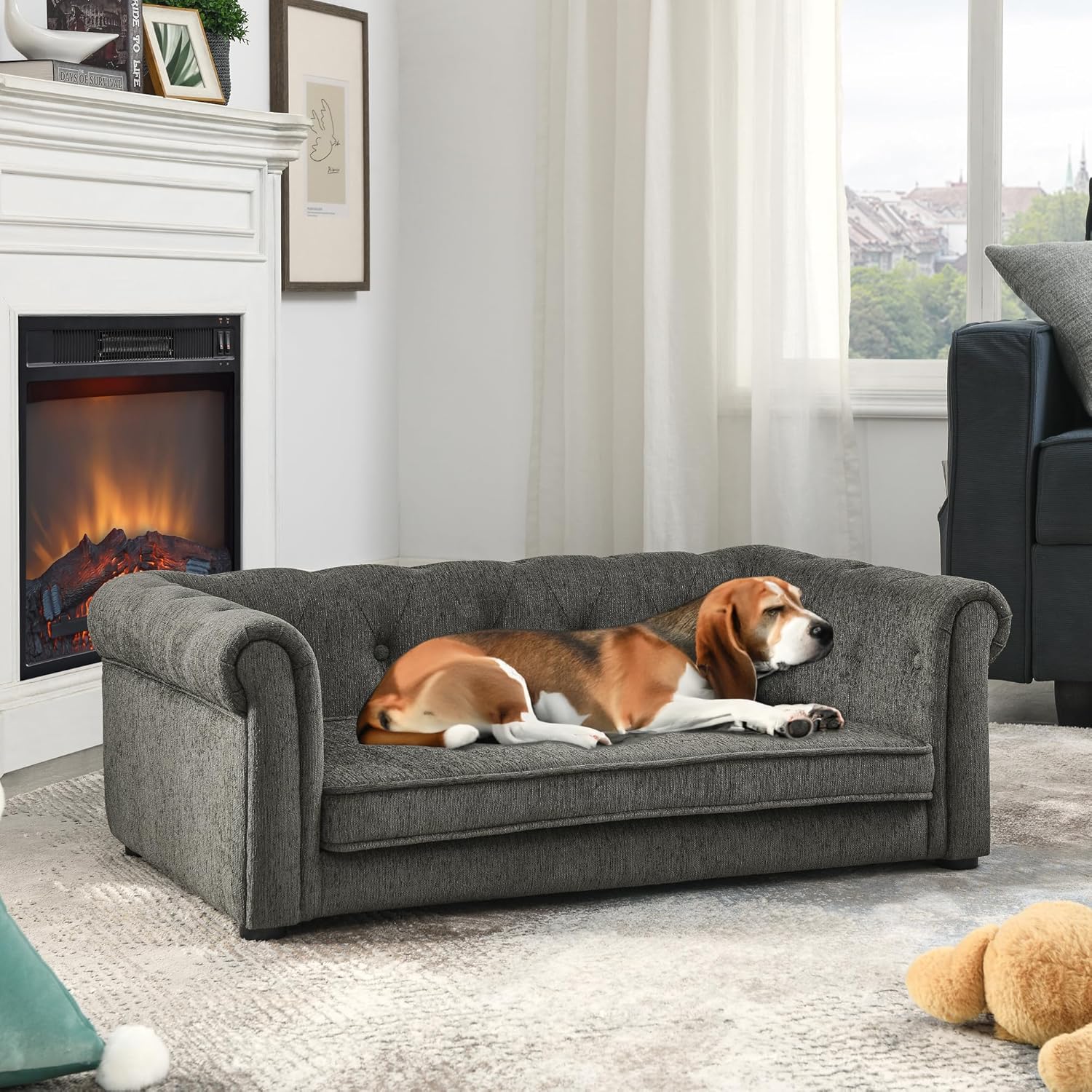 Dog Sofa Couch for Medium Dogs, 31" Memory Foam Dog Couch with Washable Fabric, Removable Cushion, Sofa Bed for Medium Dogs, Grey