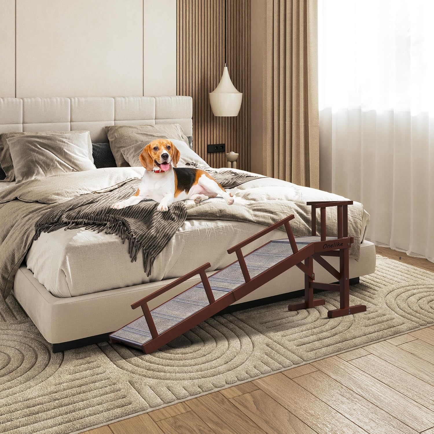 Onelike Wooden Dog Ramp for Bed with Removable Side Rail and Non-Slip Carpet, Stable Pet Ramp Stair for Couch Sofa for Small & Large & Senior Dogs, 60" Long Ramp Brown