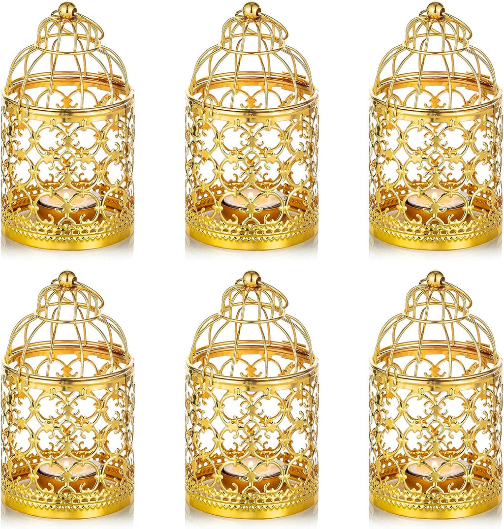 6 Pcs Small Metal Tealight Hanging Birdcage Lantern, Vintage Decorative Centerpieces of Wedding, Party, Gold