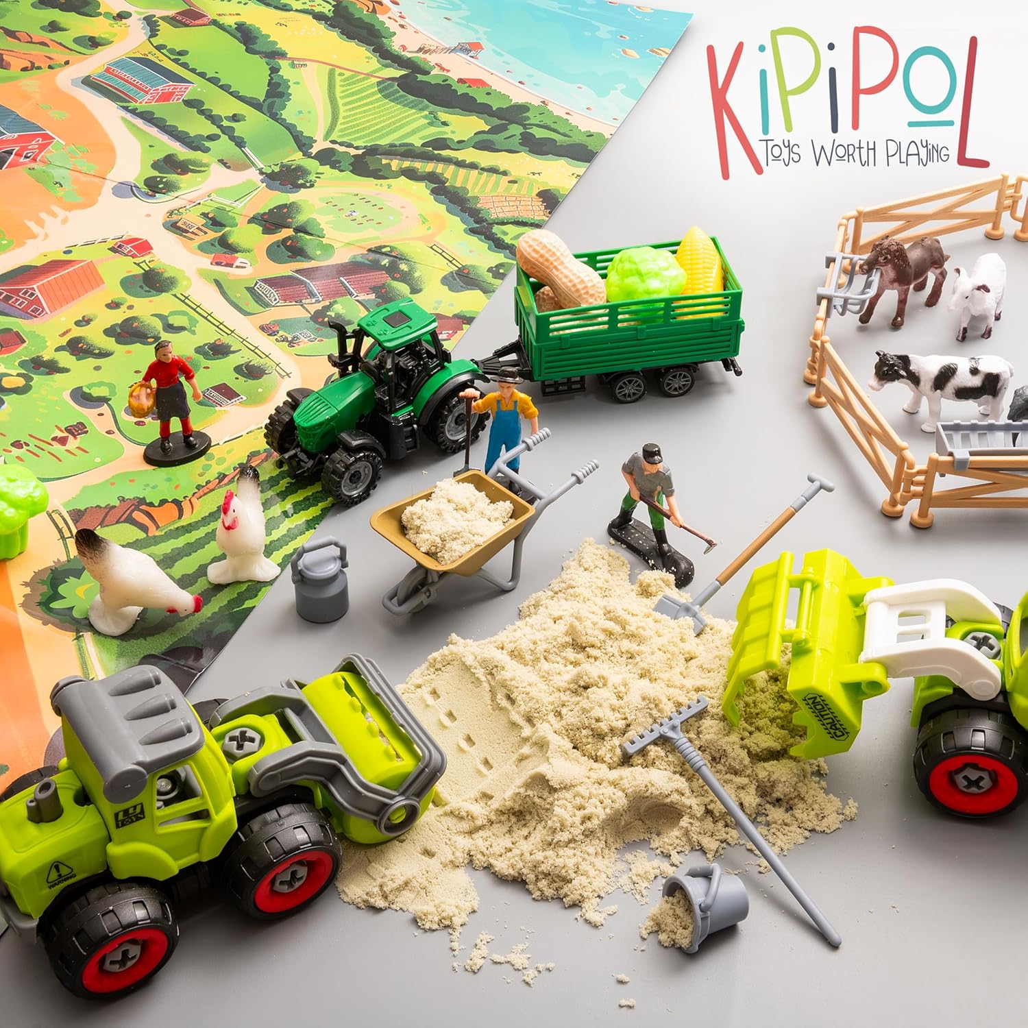 59 PCS Farm Sensory Bin Sandbox with Lid, 2.2 LB Sensory Sand, 40 Toddler Farm Toys, 3 Take Apart Construction Trucks -Sensory Toys for Kids 5-7, 3-4 & Up- Kids Gifts for Boys and Girls