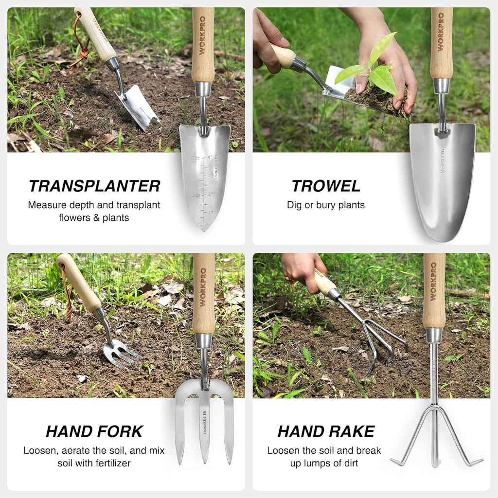 WORKPRO 8-Piece Pink Garden Tool Set, Stainless Steel Gardening Tools with Wood Handle, Including Garden Tote, Gloves, Trowel, Hand Weeder, Cultivator and More, Gardening Gifts For Women - Pink Ribbon