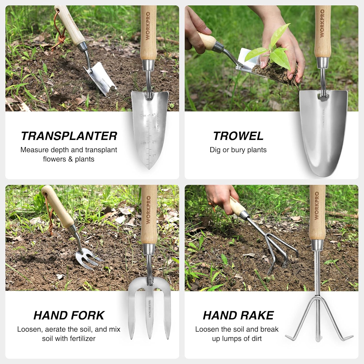 WORKPRO 8-Piece Pink Garden Tool Set, Stainless Steel Gardening Tools with Wood Handle, Including Garden Tote, Gloves, Trowel, Hand Weeder, Cultivator and More, Gardening Gifts For Women - Pink Ribbon