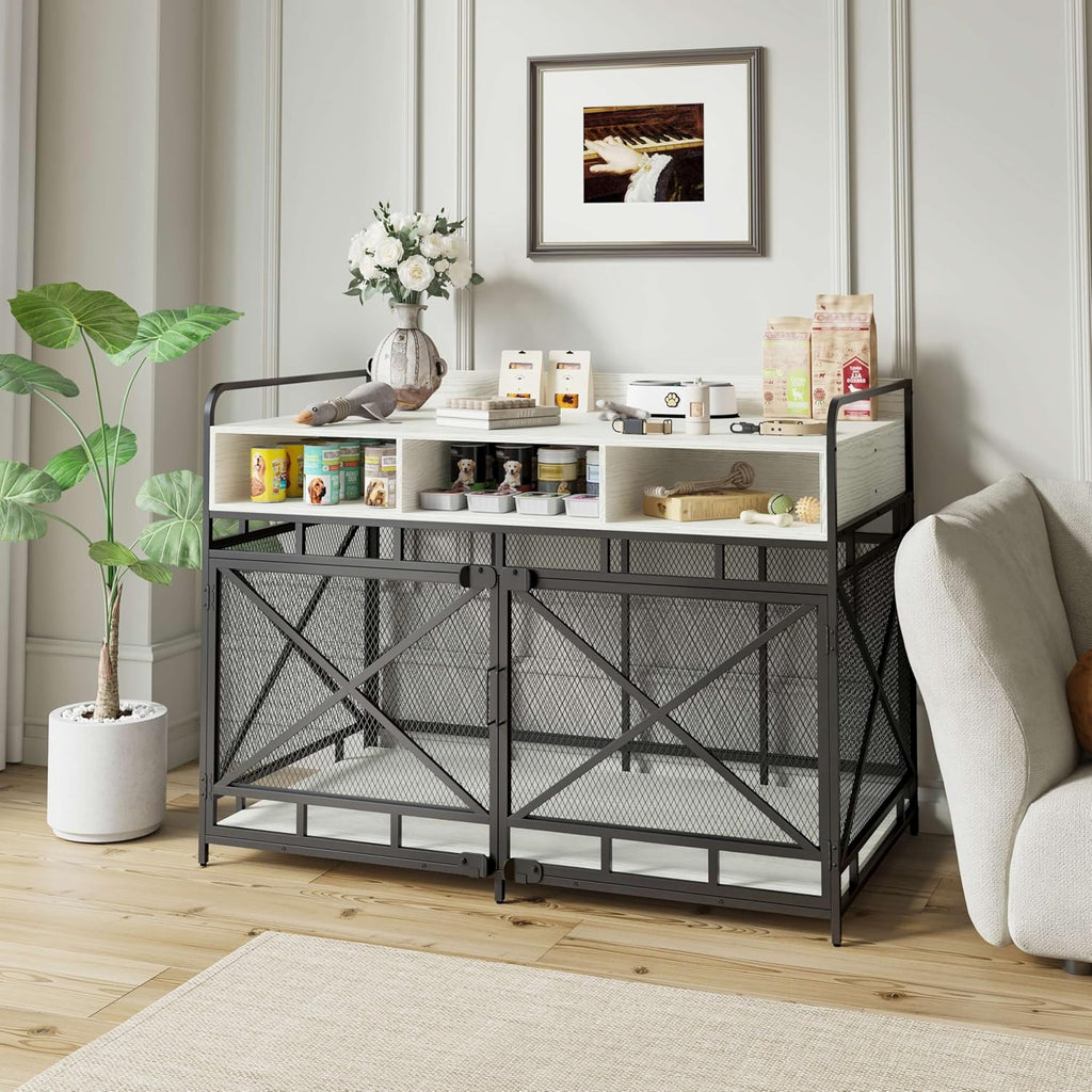 Dog Crate Furniture, 48" Heavy Duty Wooden Dog Crate End Table, XL Dog Kennel Furniture Large Breed, Decorative Dog Kennel Indoor with 3 Drawers & Steel Tube 48"L x28"W x36"H (White and Black)