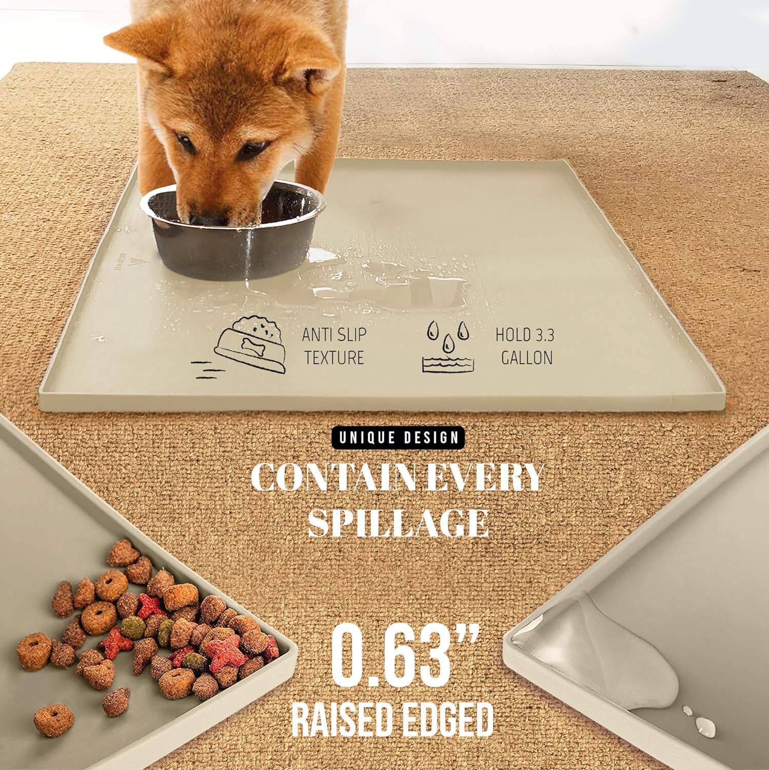 AVERYDAY 23x16'' Silicone Dog Mat for Food and Water, 0.63'' Edge Dog Food Bowl Mats for Floor Waterproof, Dogs Water Mat for Sloppy Drinker, Non Slip Rubber Pet Feeding Mats for Indoor Dogs and Cats
