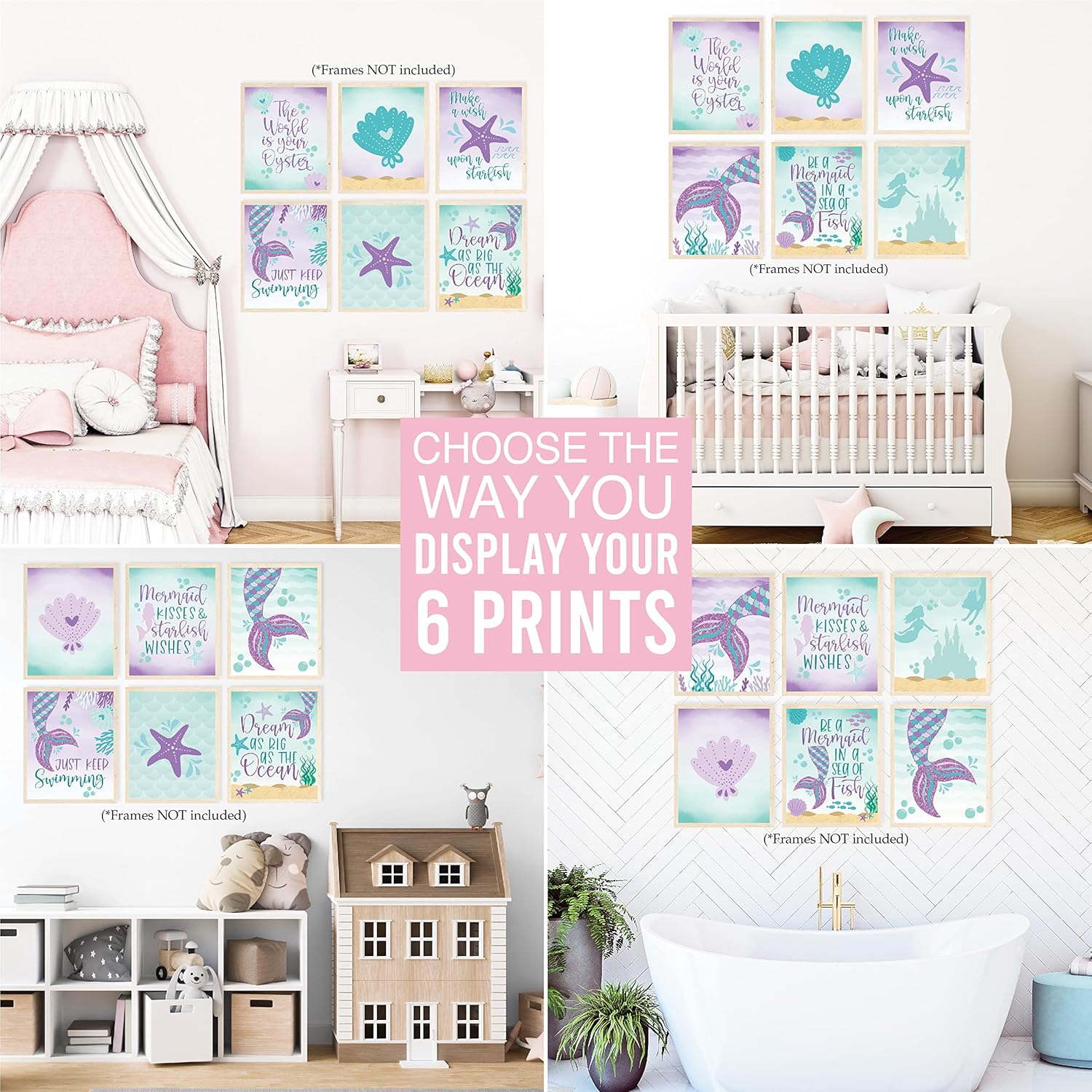 Hadley Designs 6 Mermaid Wall Decor – Reversible Magical Mermaid Wall Art for Nursery & Bathroom, Under the Sea Unframed Ocean-Themed Room Decor Prints for Girls' Bedroom