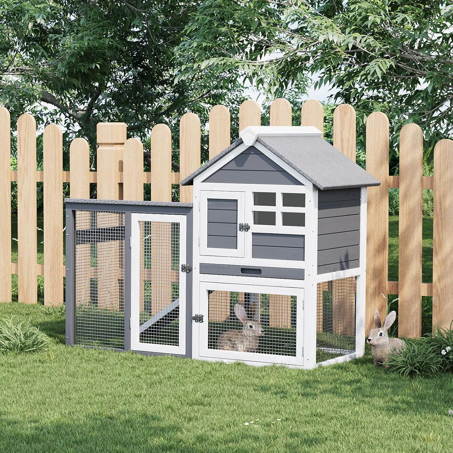 Rabbit Hutch 2-Tier, Small Wooden Chicken Coop for Outdoor Use - Weatherproof Small Animal Hutch with Non-Slip Ramp, 4 Access Doors & Removable Tray for Rabbits, Guinea Pigs, Ferrets (Indoor/Outdoor)