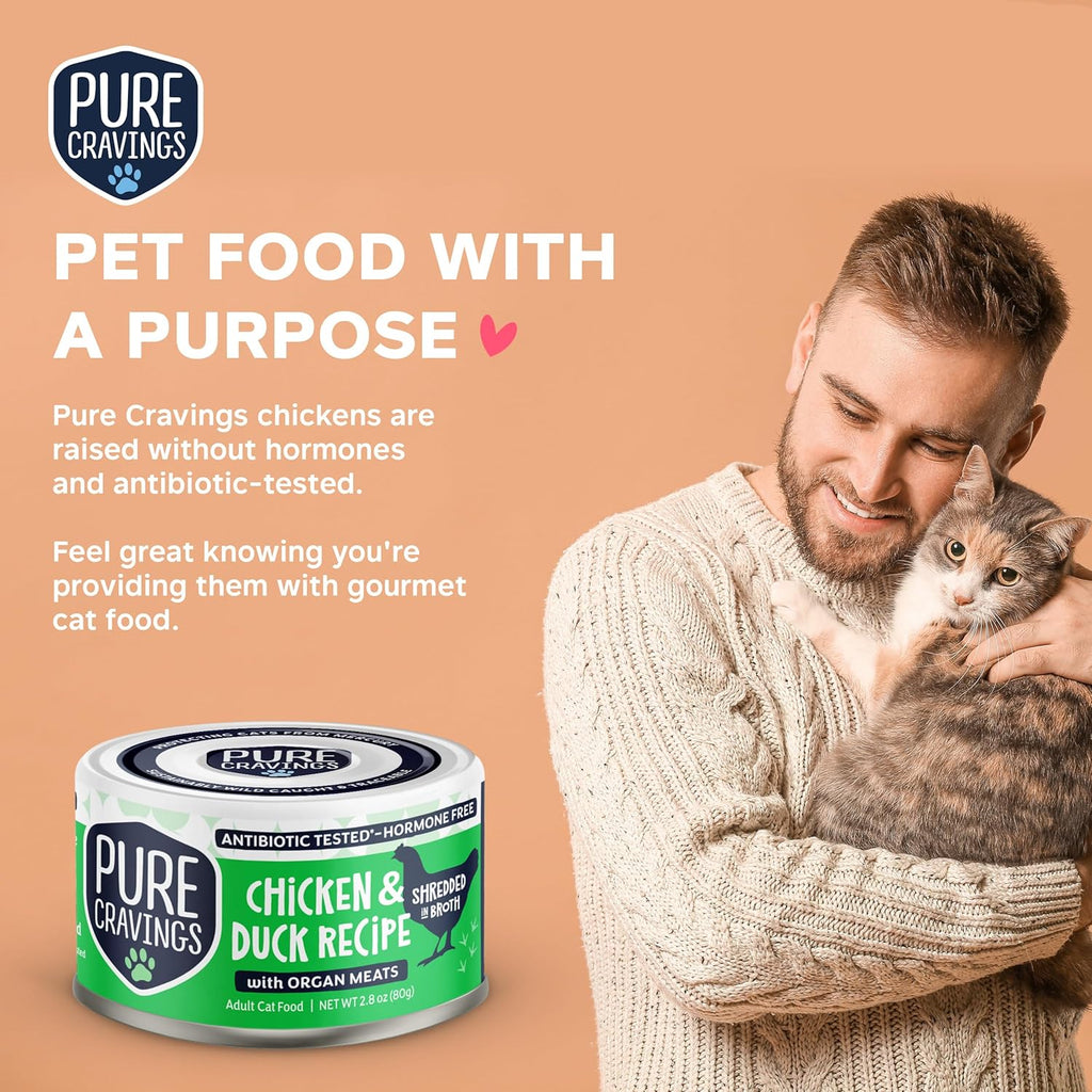 Chicken and Duck Recipe in Broth, Shredded Wet Cat Food, Grain-Free Protein, Non-GMO, 12 Pack