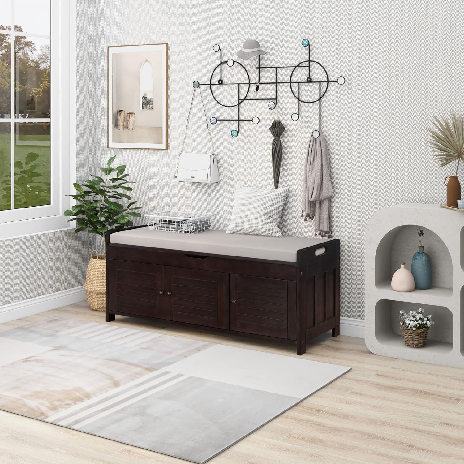 Shoe Storage Bench with 3 Shutter-Shaped Doors, Pine Wood Shoe Bench with Removable Cushion and Hidden Storage Space for Living Room, Entryway 43.5" L x 16" W x 18" H Espresso