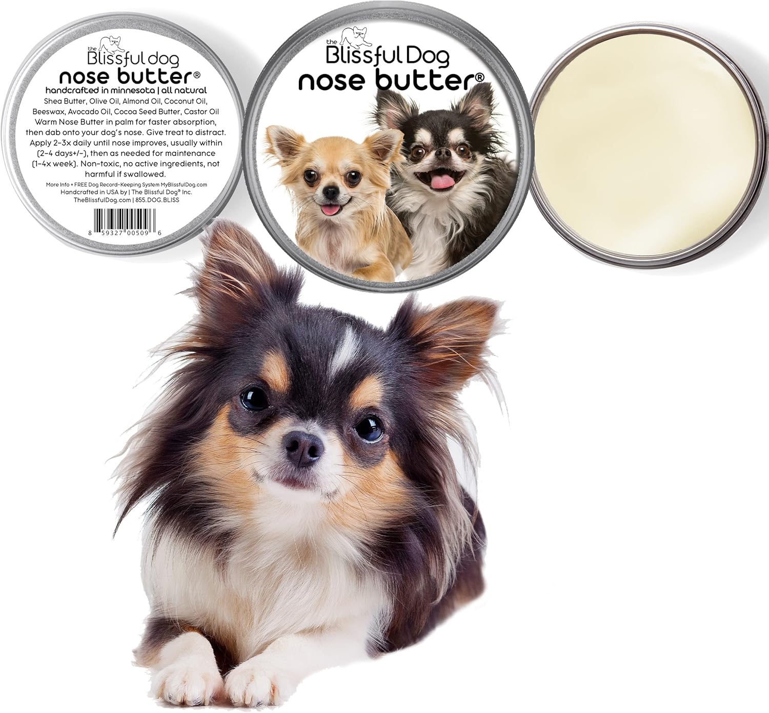The Blissful Dog Long Coat Chihuahua Nose Butter for Dry, Cracked Skin, Lick-Safe Dog Nose Balm with Moisturizing Shea Butter, Almond, Olive, and Essential Oils, Pet Supplies, Uncented, 4 oz.