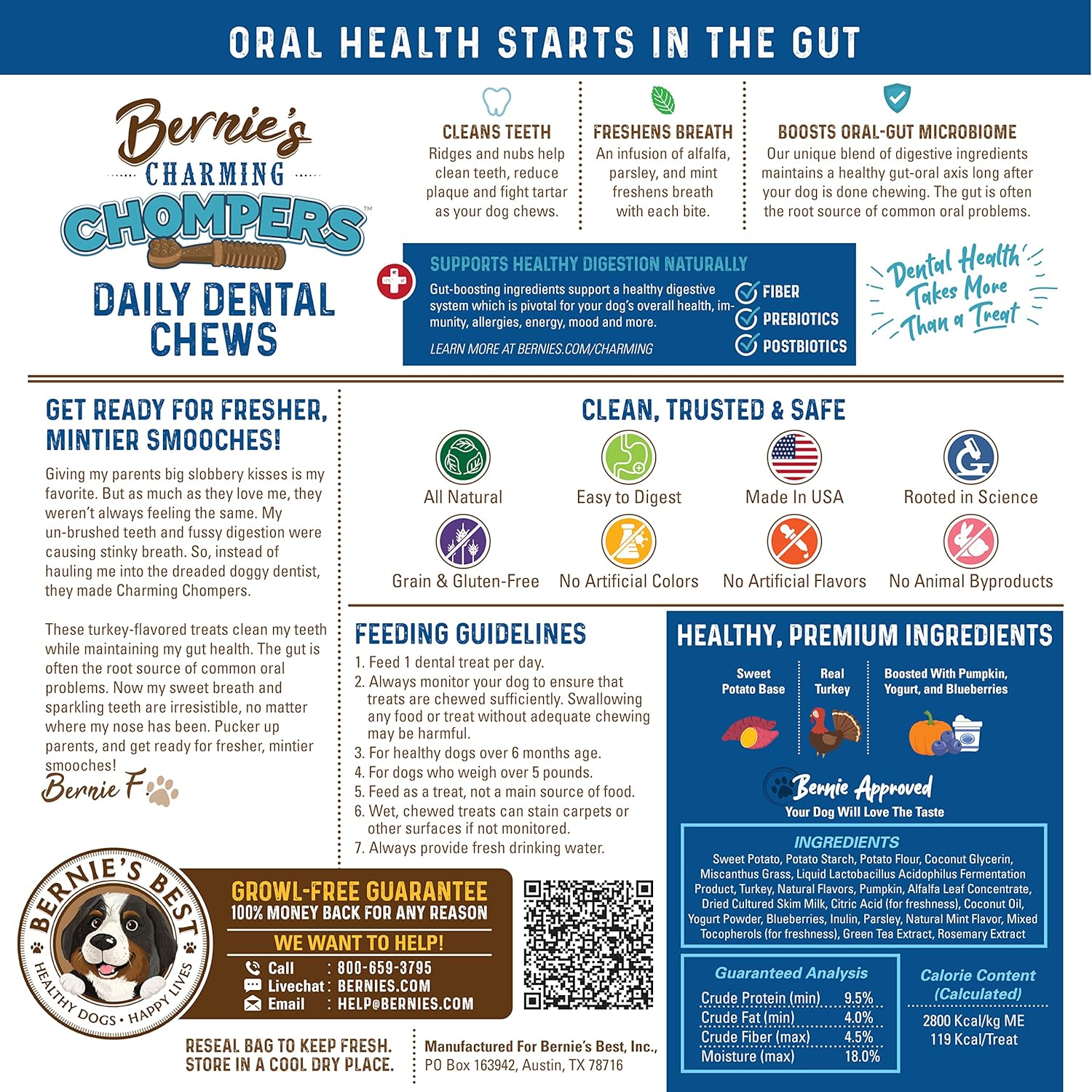 Bernie's Charming Chompers - Daily Dental Chews for Dogs 50-100 Lbs. - 24 Count - Cleans Teeth, Freshens Breath, + Boosts Oral-Gut Microbiome. Easy to Digest, Supports Healthy Digestion Naturally