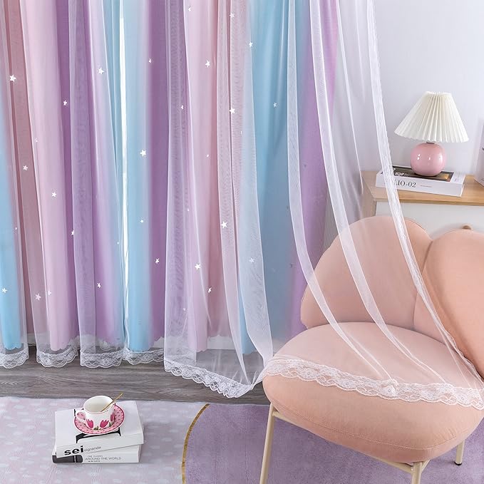 XiDi Curtains for Girls Bedroom, Blackout for Kids Room, Colorful Rainbow Design, Unicorn Wall Decor Pink Ombre Curtains, Purple Princess Room 72 Inches Long 34 Wide 2 Panel Sets Pink Purple