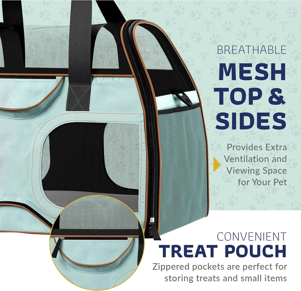 Katziela Pet Carrier - Airline Compliant Dog Carrier - TSA Approved Pet Carrier for Small Dogs and Cats - Soft FAA Travel Airplane Dog Carrier Luggage (Blue/Brown-6 Wheels)