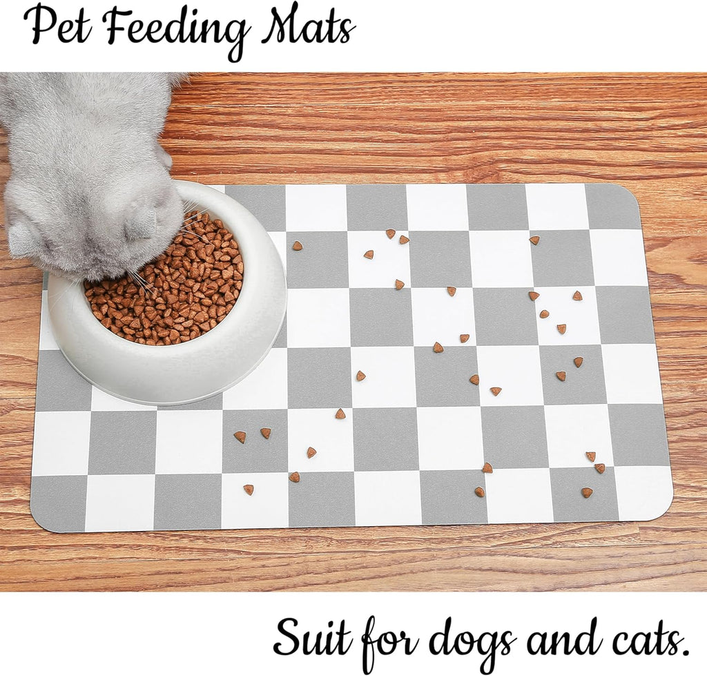 Ralxion Checkered Dog Feeding Mat, Absorbent Mats for Dog Food and Water Bowl, Dispenser, Retro Modern Aesthetic Preppy Grey Checkerboard Pet Placemat for Dogs, Cats, Puppy Accessories, 12" X19”